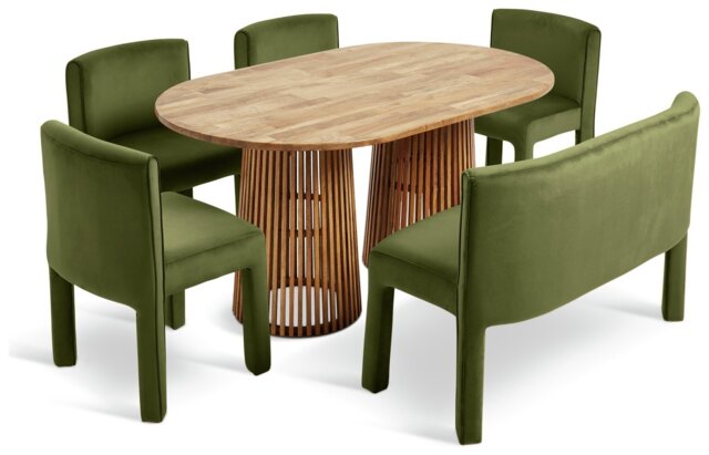Habitat Jericho Natural Dining Table, Bench & 4 Green Chairs