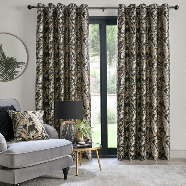 Laurence Llewelyn-Bowen Paradise Palm Leaf Eyelet Curtains - Black - 168x229cm - image 1