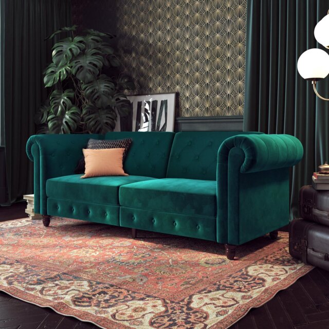 Dorel Felix Chesterfield Velvet Chaise Sofa Bed - Teal - image 1