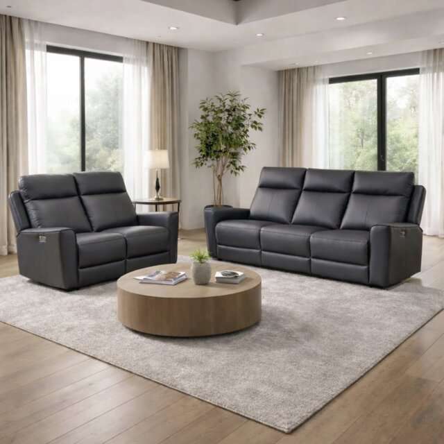 Aspire Elmhurst Leather 3 & 2 Seater Power Recliner Sofa - Charcoal - image 1