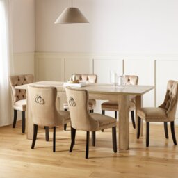 Argos Home Preston Extend Oak Dining Table & 6 Taupe Chairs - thumbnail 1