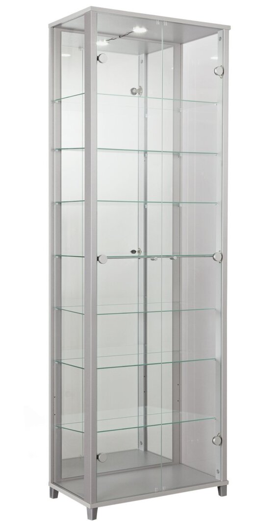 Lockable Double Glass Display Cabinet With 7 Shelves, Mirror Back & Spotlight - Silver