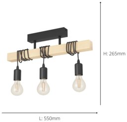 EGLO Townshend Wooden 3 Light Flush Ceiling Light - Black - thumbnail 2