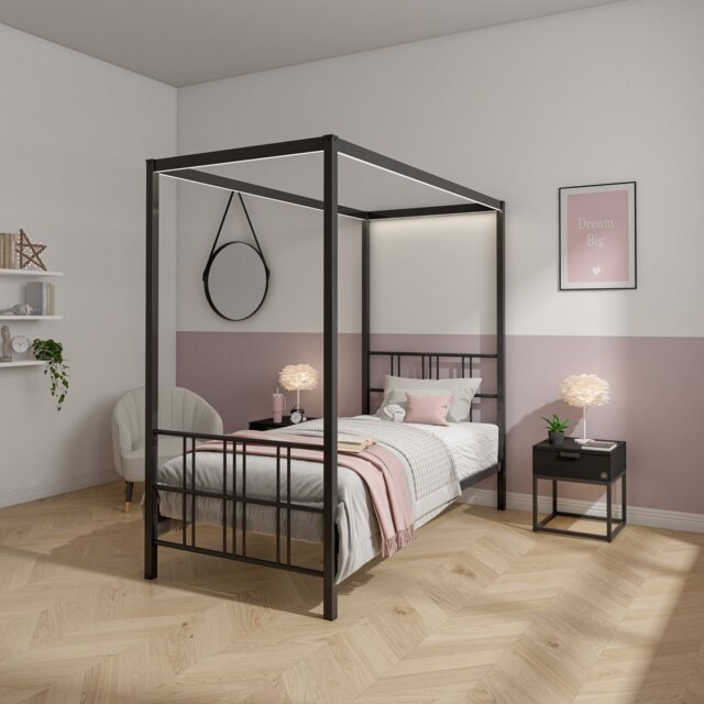 XR Living Fern 4 Poster Single Bed Frame with LED - Black - image 1