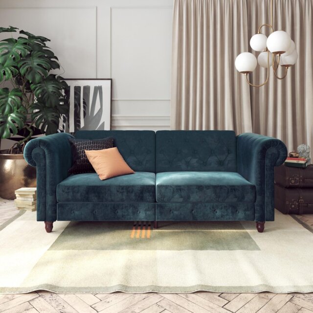 Dorel Felix Chesterfield Velvet Chaise Sofa Bed - Blue - image 1