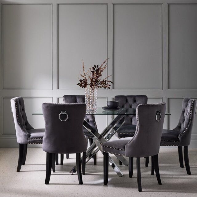 Argos Home Blake Chrome Dining Table & 6 Charcoal Chairs - image 1