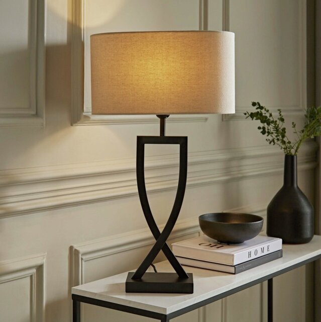 ValueLights Katniss Metal LED Large Table Lamp With Oatmeal Shade - Black - image 1