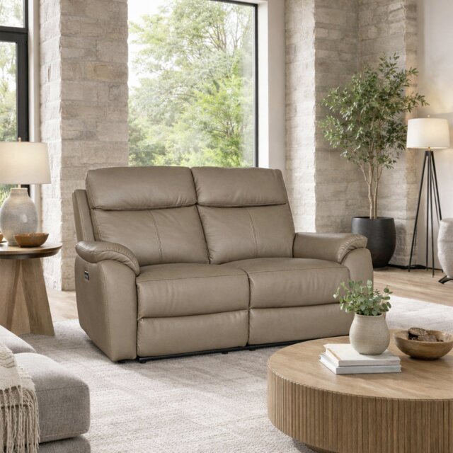 Aspire Kingsmere Leather 2 Seater Power Recliner Sofa with Metal Feet - Mushroom - image 1