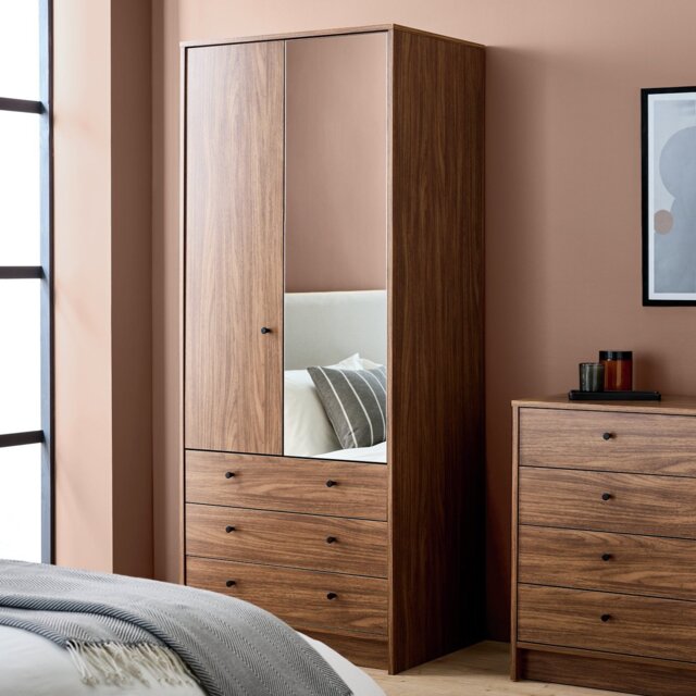 Argos Home Malibu 2 Door 3 Drawer Mirror Wardrobe - Walnut - image 1