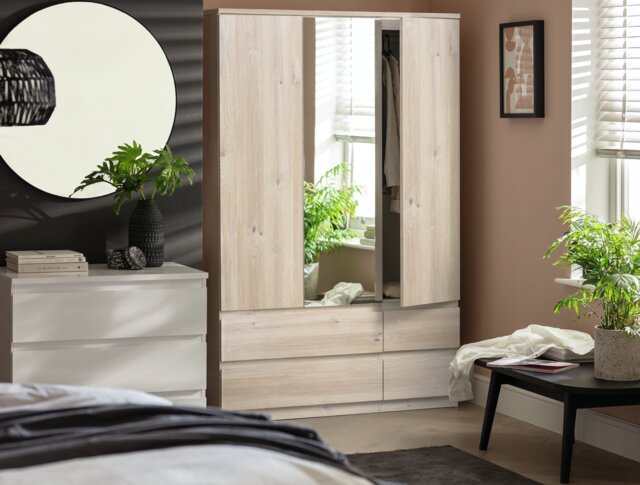 Argos Home Jenson 3 Door 4 Drawer Mirror Wardrobe-Oak Effect - image 1