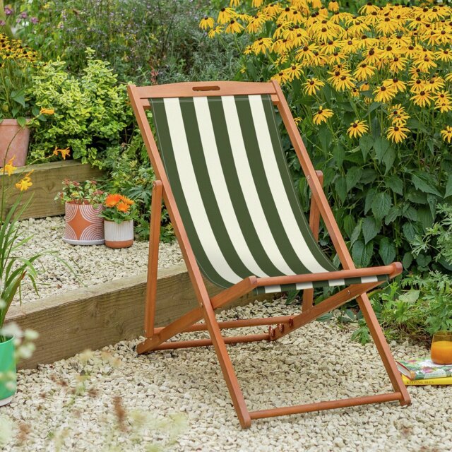 Habitat Folding Wooden Garden Deck Chair - Green & White - image 1