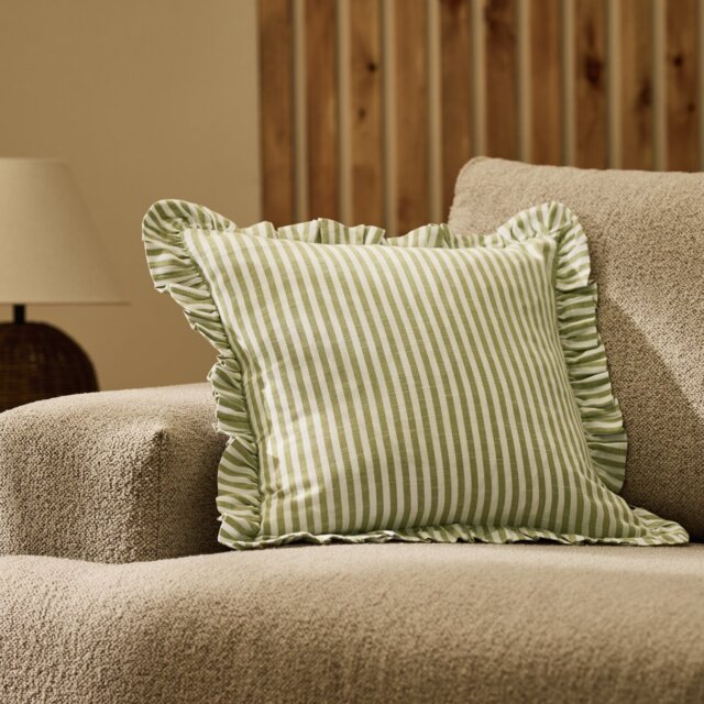 Habitat Stripe Ruffle Cushion - Olive - 43x43cm - image 1