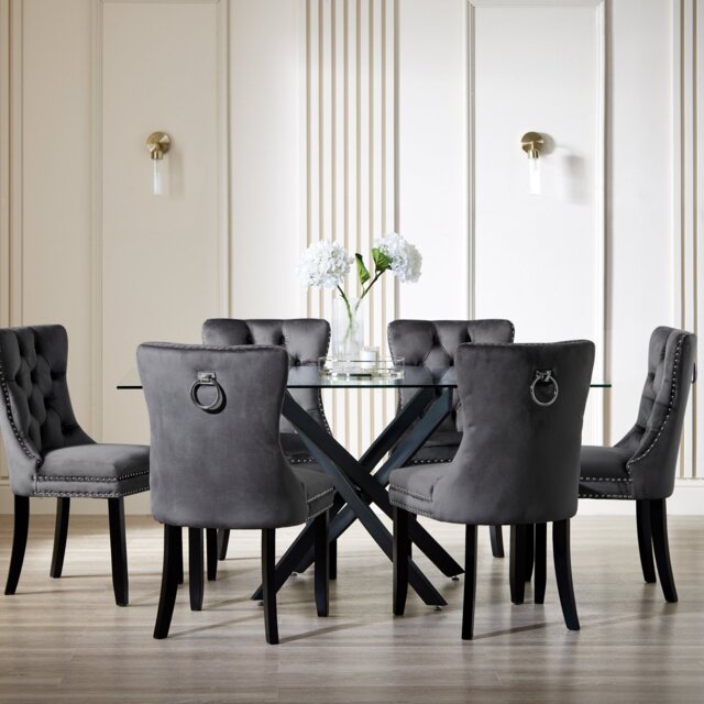 Argos Home Blake Black Dining Table & 6 Charcoal Chairs - image 1