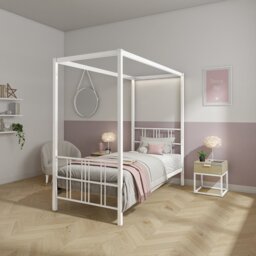 XR Living Fern 4 Poster Single Bed Frame with LED - White - thumbnail 1