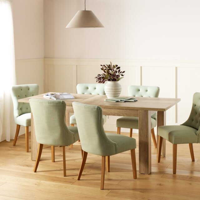 Argos Home Preston Extend Oak Dining Table & 6 Green Chairs - image 1