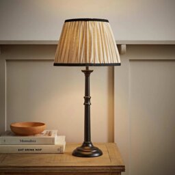 ValueLights Clara Wood Candlestick Table Lamp With Linen Pleated Shade - Black