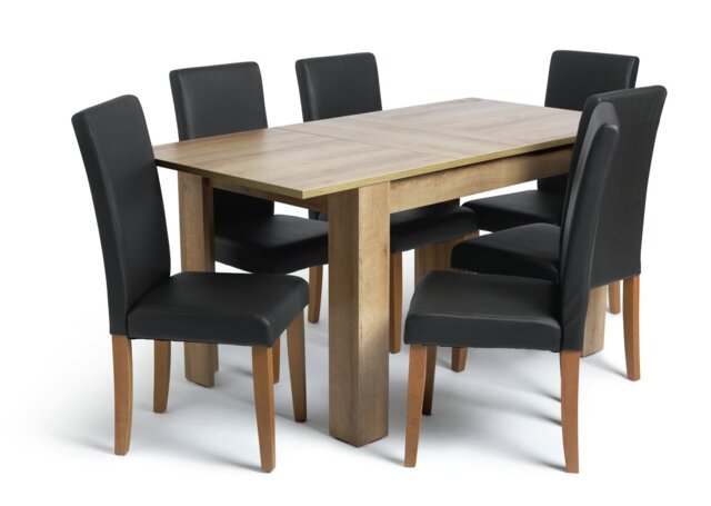 Argos Home Miami Extend Oak Dining Table & 6 Black Chairs - image 1