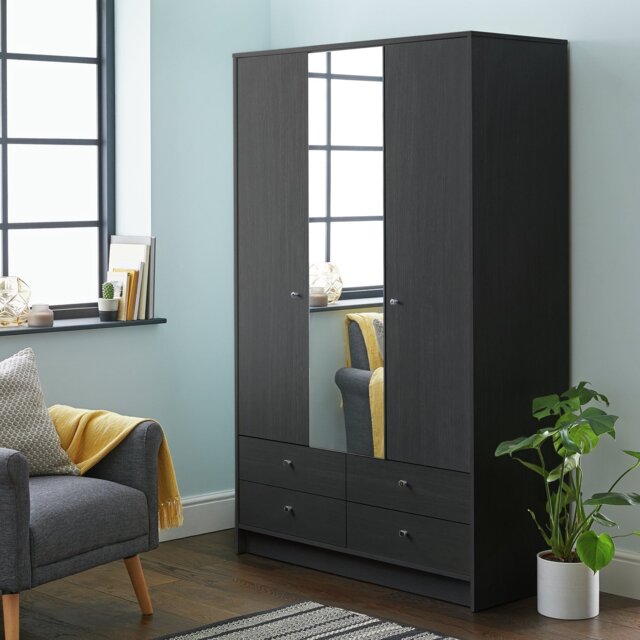 Argos Home Malibu 3 Door 4 Drawer Mirror Wardrobe -Black Oak - image 1