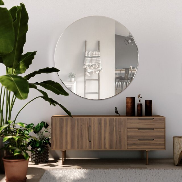 MirrorOutlet Black Frameless Wood Round Wall Mirror - 100cm - image 1