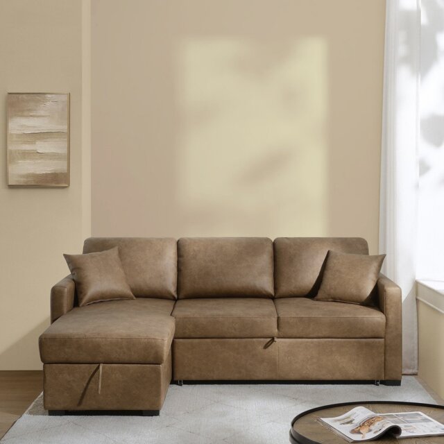 Habitat Reagan Faux Leather Left Hand Chaise Storage Sofa Bed - Tan - image 1