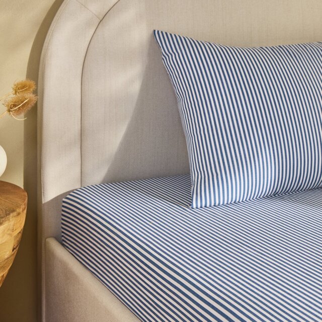 Habitat Oxford Printed Stripe Blue Fitted Sheet - Superking - image 1