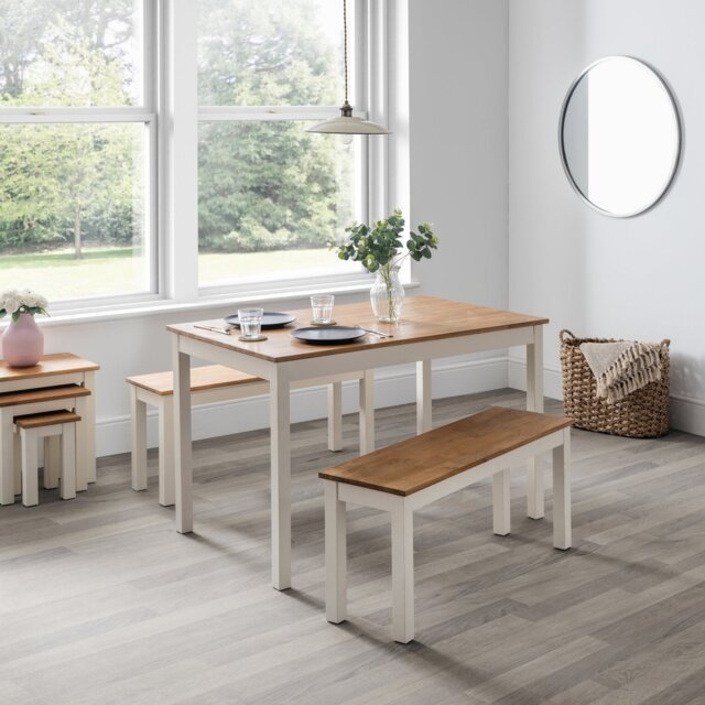 Julian Bowen Coxmoor Ivory Dining Table & 2 Oak Benches - image 1