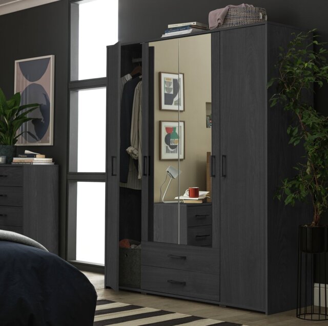 Argos Home Oslo 4 Door 2 Drawer Wardrobe - Black Oak Effect - image 1
