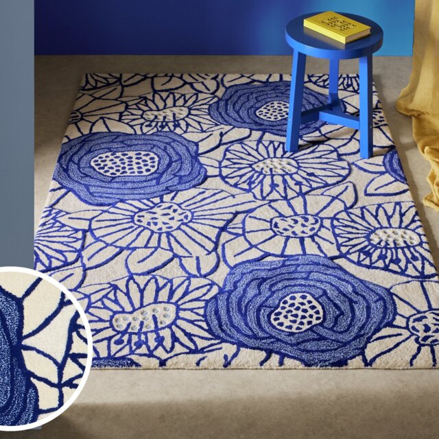 Habitat Scandi Floral Blue Wool Cut Pile Rug - 160x230cm - image 1