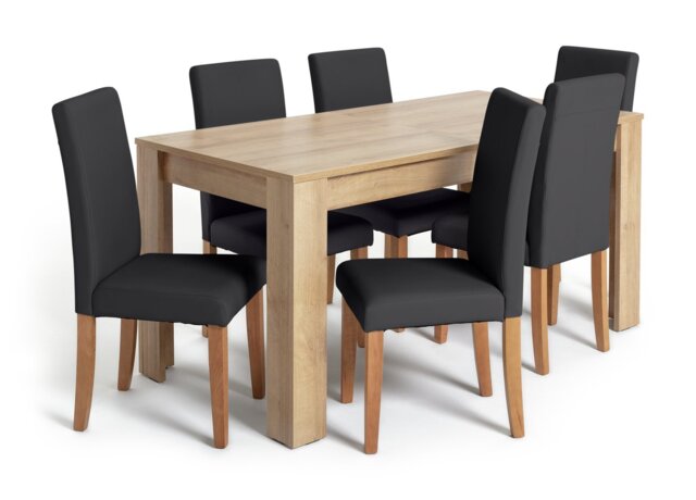 Argos Home Miami Ext Oak Dining Table & 6 Black Chairs - image 1