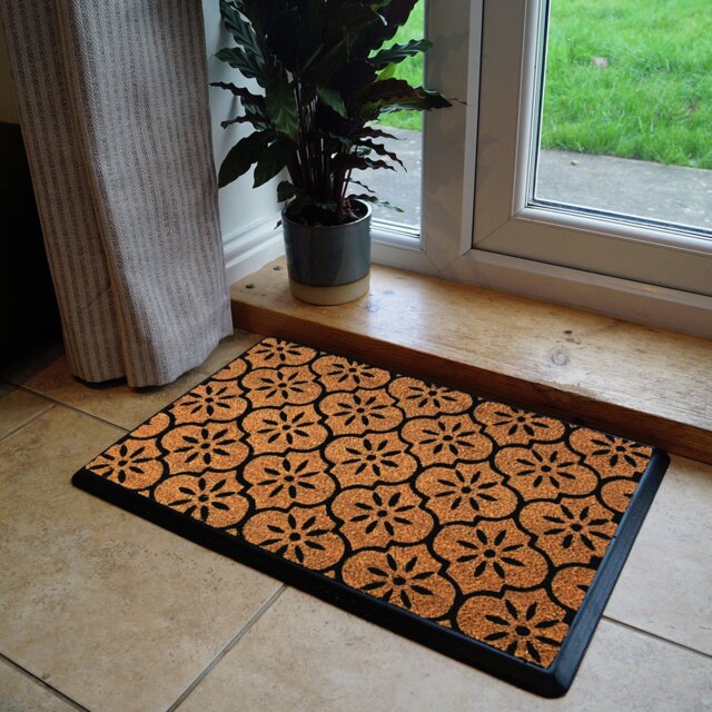 Mighty Mats Rubber Tray Black Geo Cut Pile Doormat - 40x60cm - image 1