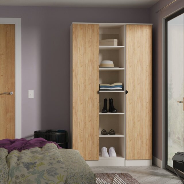 Livara ReadyAssembled Canmore 2 Door Shelf Wardrobe-WhiteOak - image 1