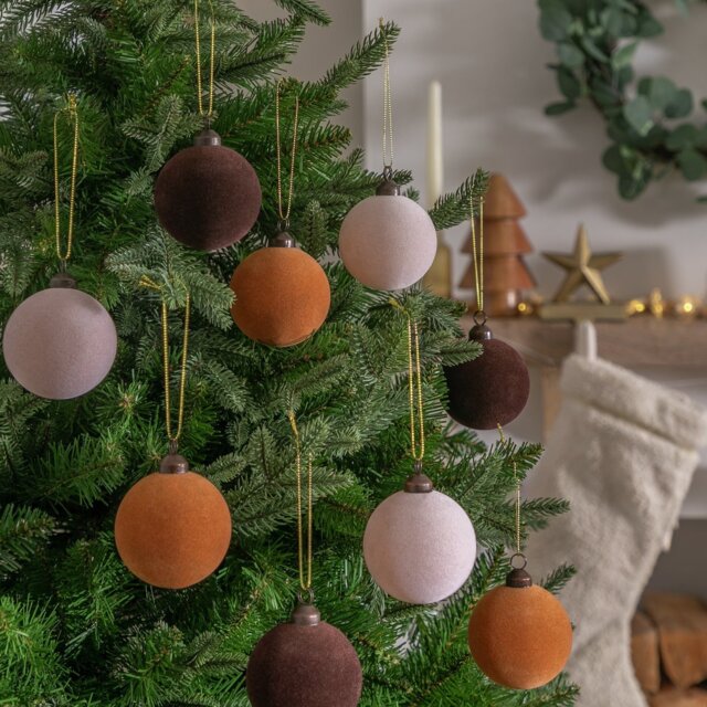 Habitat Pack of 12 Flock Christmas Baubles - Neutrals - image 1