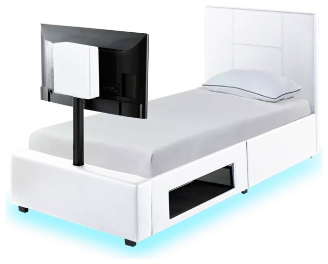 XR Living Ava Single Faux Leather TV LED Bed Frame - White - image 1