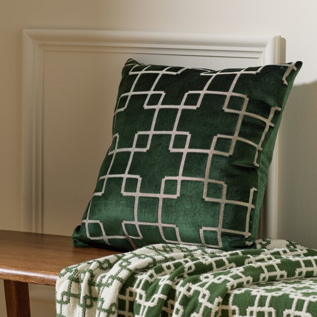 Habitat Geo Velvet Jacquard Cushion - Green - 43x43cm - image 1