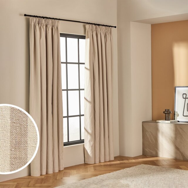 Habitat Yarn Dye Stripe Blackout Pencil Pleat Curtains - Latte - 229x183cm - image 1