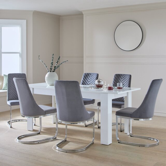 Argos Home Miami Extending White Dining Table &6 Grey Chairs - image 1