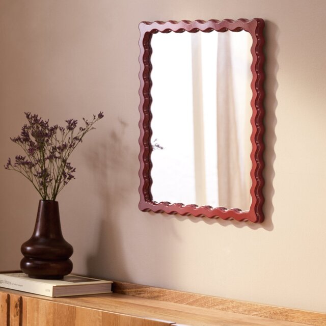 Habitat Red Wood Lacquered Wavy Wall Mirror - 48x40cm - image 1