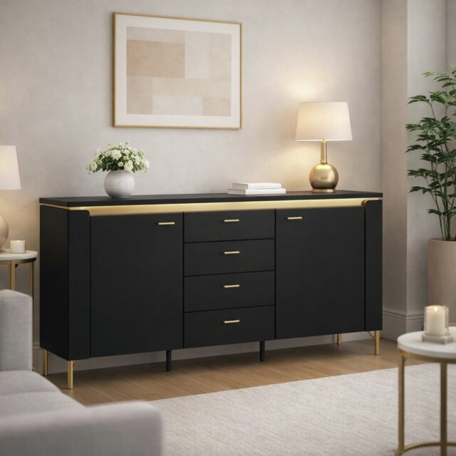 Furniture To Go Genoa 2 Door 4 Drawer Sideboard - Black Matt/Gold - image 1
