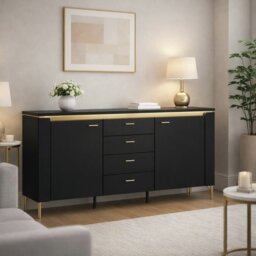 Furniture To Go Genoa 2 Door 4 Drawer Sideboard - Black Matt/Gold - thumbnail 1