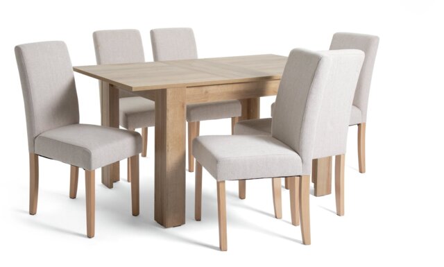 Argos Home Miami Extend Oak Dining Table & 6 Cream Chairs - image 1