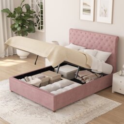 Aspire Taylor Double Velvet End Lift Ottoman Bed - Blush - thumbnail 2