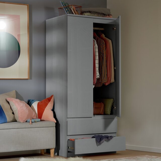 Argos Home Jenson 2 Door 2 Drawer Wardrobe - Gloss Grey - image 1