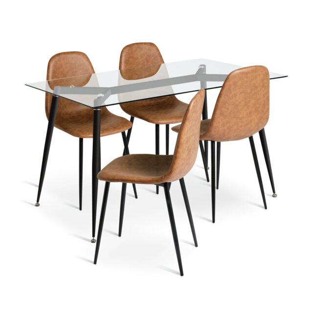 Habitat Beni Glass Oak Dining Table & 4 Tan Chairs - image 1