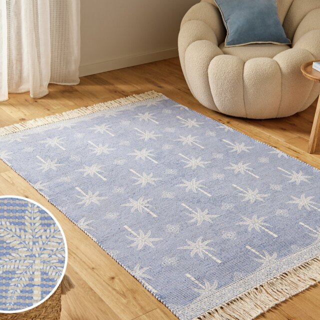 Argos Home Palm Print Fringe Blue Flatweave Rug - 120x170cm - image 1