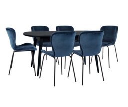 Habitat Etta Extending Black Dining Table & 6 Navy Chairs