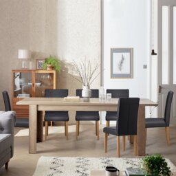 Argos Home Preston Extend Oak Dining Table & 6 Black Chairs - thumbnail 1