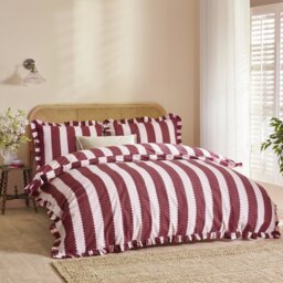 Wylder Birdie Stripe Ruffle Burgundy Bedding Set - King Size