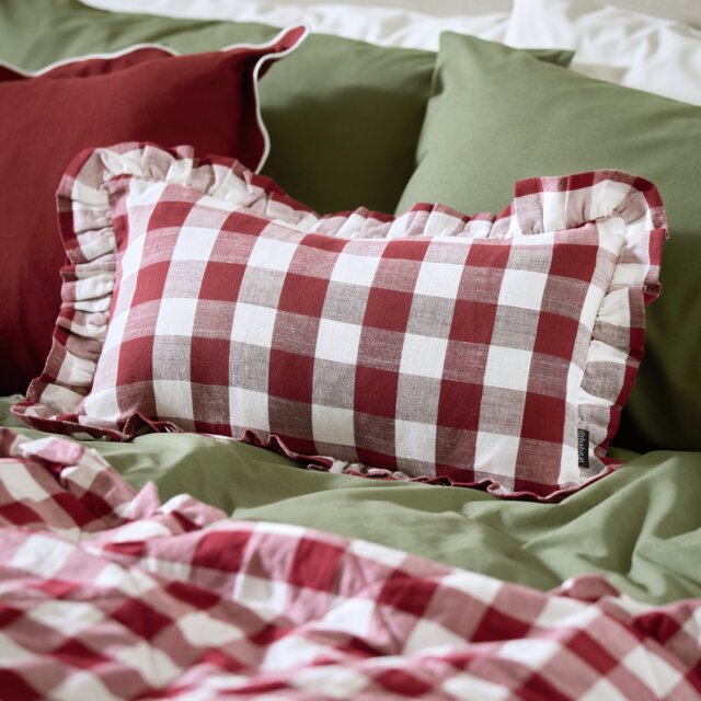 Habitat Gingham Check Frill Cushion - Berry - 50x30cm - image 1