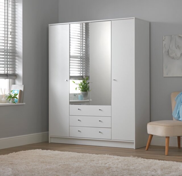 Argos Home Malibu 4 Door 3 Drawer Mirror Wardrobe - White - image 1