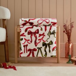 furn Festive Bows Fleece Throw - White - 140x180cm - thumbnail 1